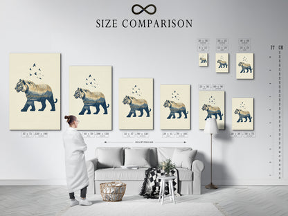 A size comparison chart is displayed in an interior setting. Visualize how the blue tiger artwork fits in your space. See the different size options available. Perfect for planning your wall decor. Choose the ideal size for your minimalist animal art. Enhance your home with wildlife art.