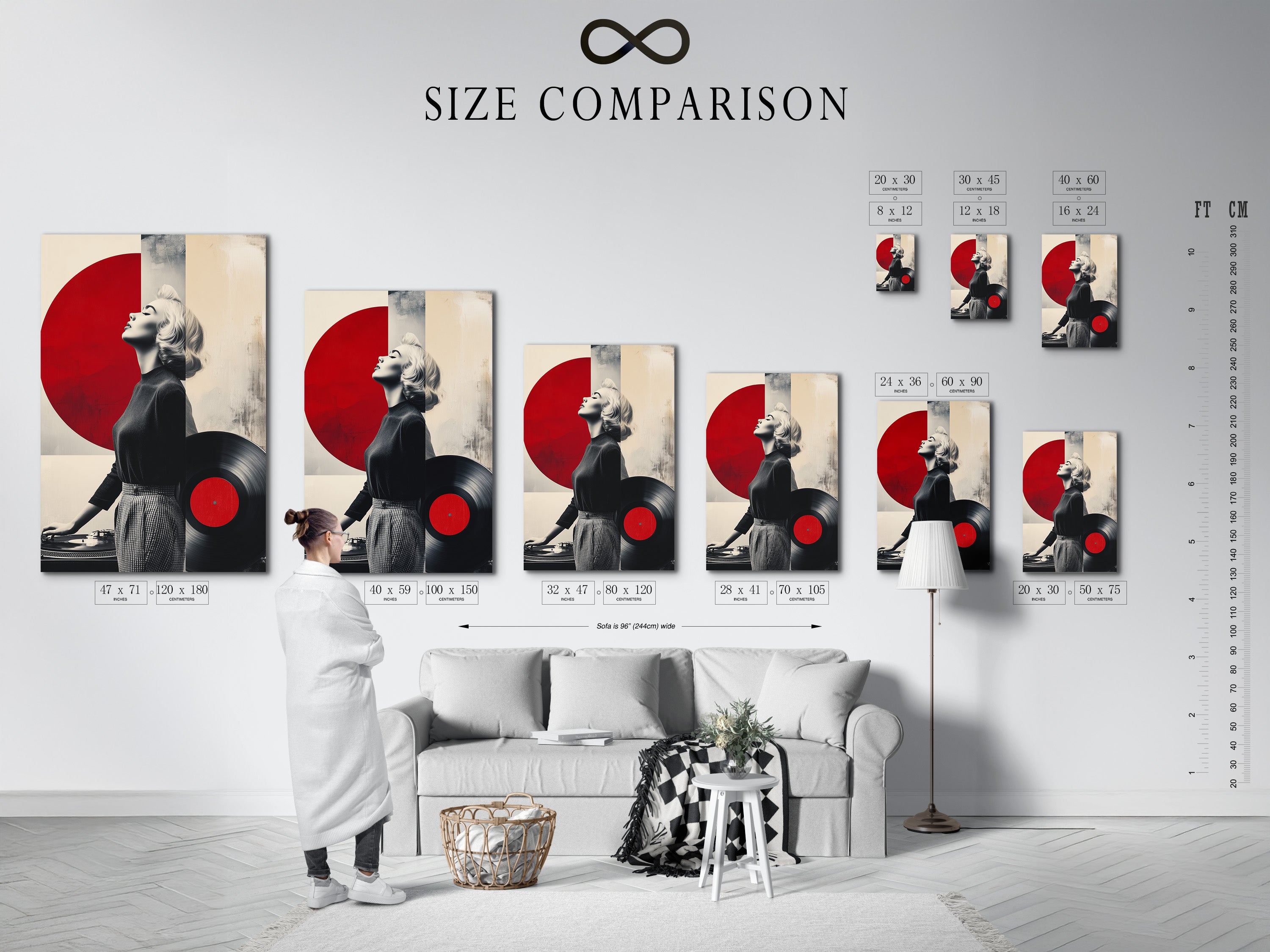 Use our size comparison chart to find the perfect fit for your space. Visualize how this vintage music artwork will look in your home. Choose the ideal size for your retro dj print or music wall art today. Shop now.