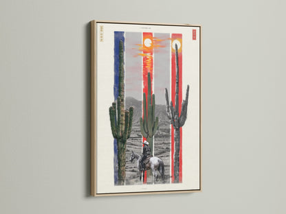 A serene desert landscape artwork is framed in oak. This cowboy wall art features cacti and a rider on horseback. The neutral tones and southwestern aesthetic create a peaceful atmosphere. Enhance your home decor with this timeless desert print.
