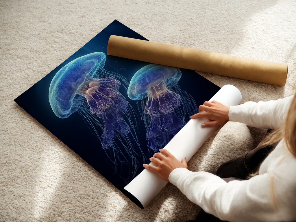 A woman is handling fine art poster paper. She is carefully preparing art for display. The fine art paper ensures high quality prints. Perfect for art enthusiasts and collectors. Discover the beauty of fine art prints.