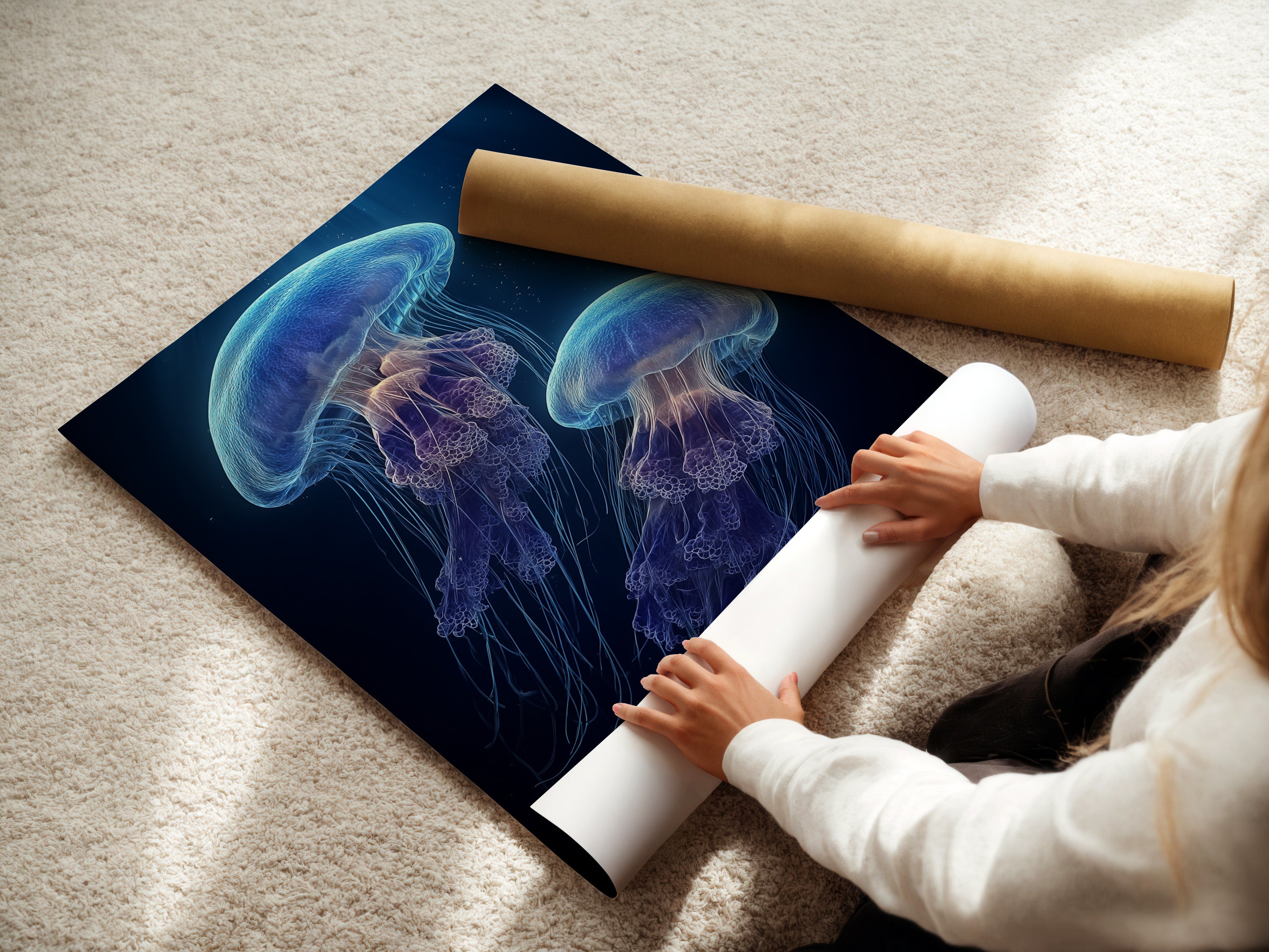 A woman is handling fine art poster paper. She is carefully preparing art for display. The fine art paper ensures high quality prints. Perfect for art enthusiasts and collectors. Discover the beauty of fine art prints.
