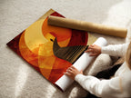 A woman rolls a fine art poster paper of the surreal stairway artwork. This abstract figure wall art is ready to be framed. Geometric sunset poster will transform your office wall decor. Quality and care are evident.