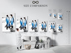 Size comparison chart in an interior setting displaying the penguin family artwork. See how different sizes fit in various rooms. Perfect for planning your coastal decor or nursery wall art.