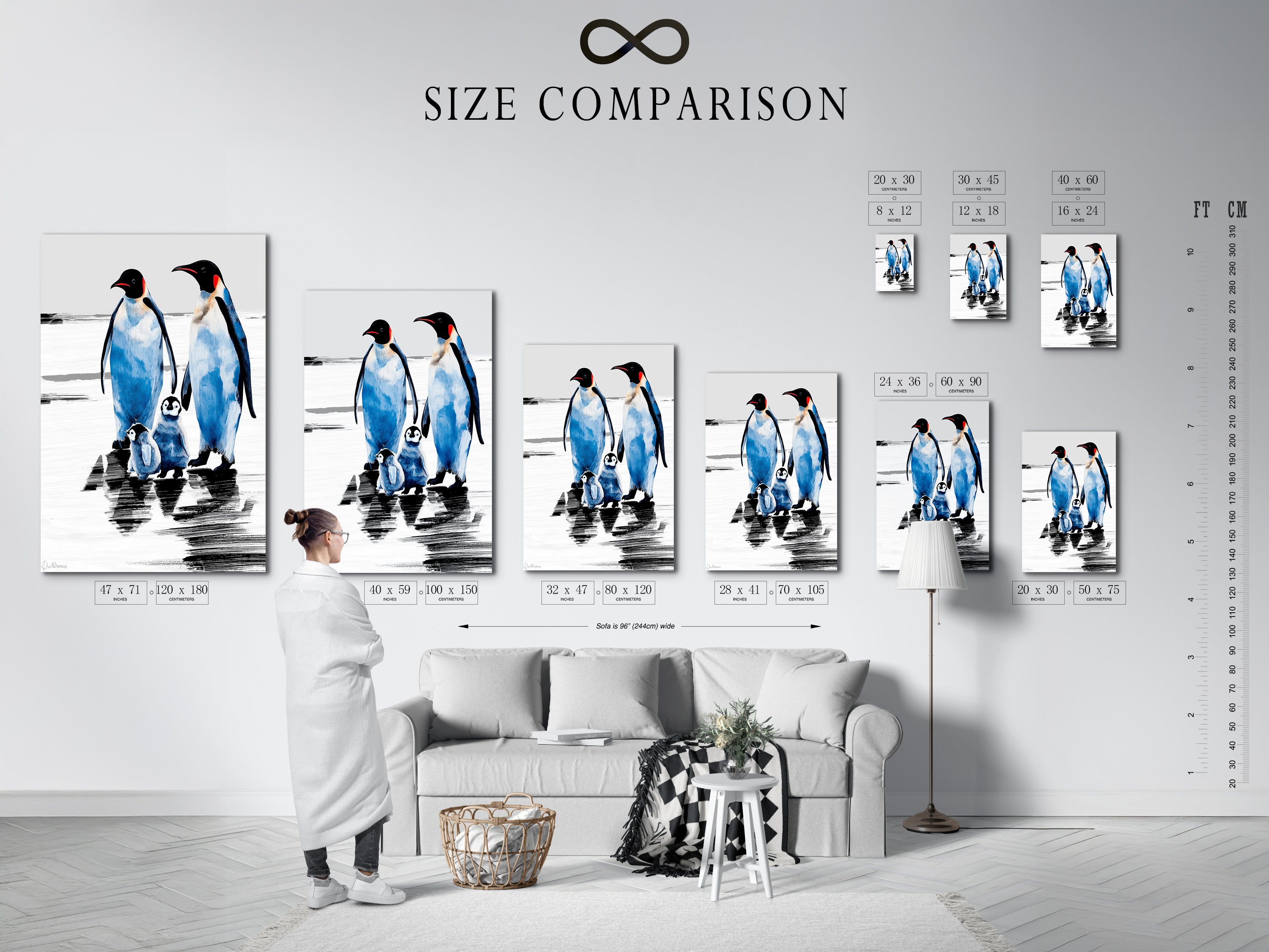 Size comparison chart in an interior setting displaying the penguin family artwork. See how different sizes fit in various rooms. Perfect for planning your coastal decor or nursery wall art.