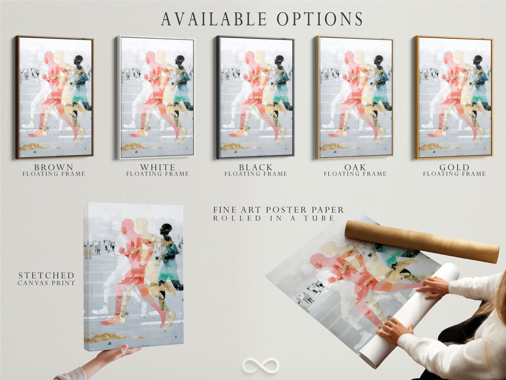 Available options for the Abstract Runners art print. Choose from a stretched canvas print fine art poster paper or a floating frame. This modern sports wall art adapts to your style. Perfect for contemporary figure art in any setting.