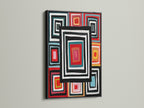 Geometric Squares canvas print with a black frame. This modern artwork adds a bold touch to your home decor. The colorful artwork and abstract canvas create a retro vibe. This piece is perfect for any wall. The square pattern art is a must-have.