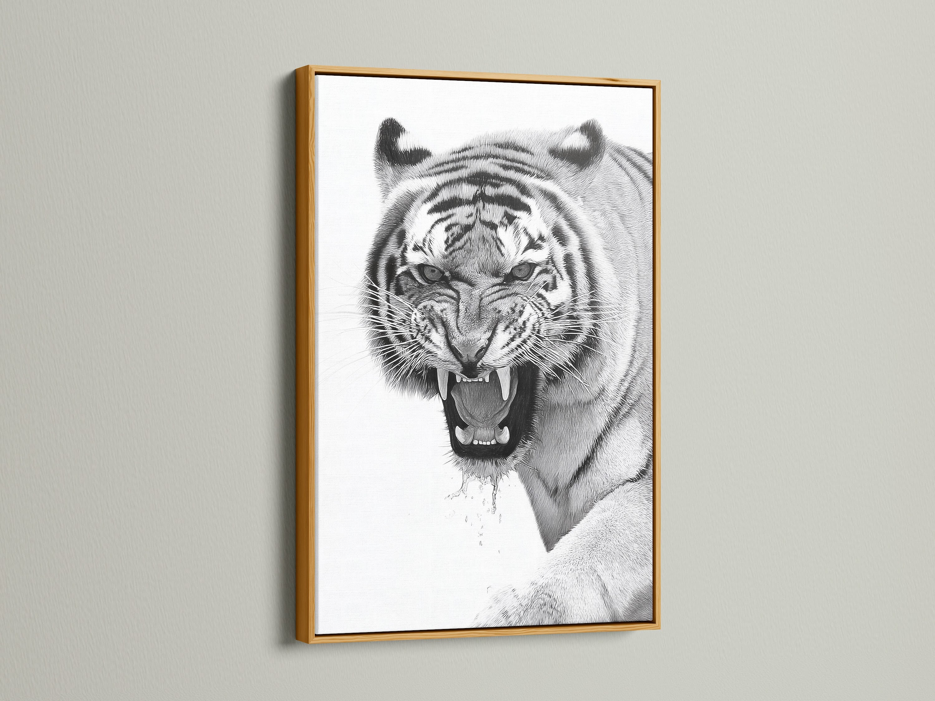 The tiger artwork is presented in a luxurious gold frame. The gold frame adds a touch of opulence to the art piece. It creates a focal point that is eye catching and elegant. This artwork elevates your home decor. It brings warmth and sophistication to your space.