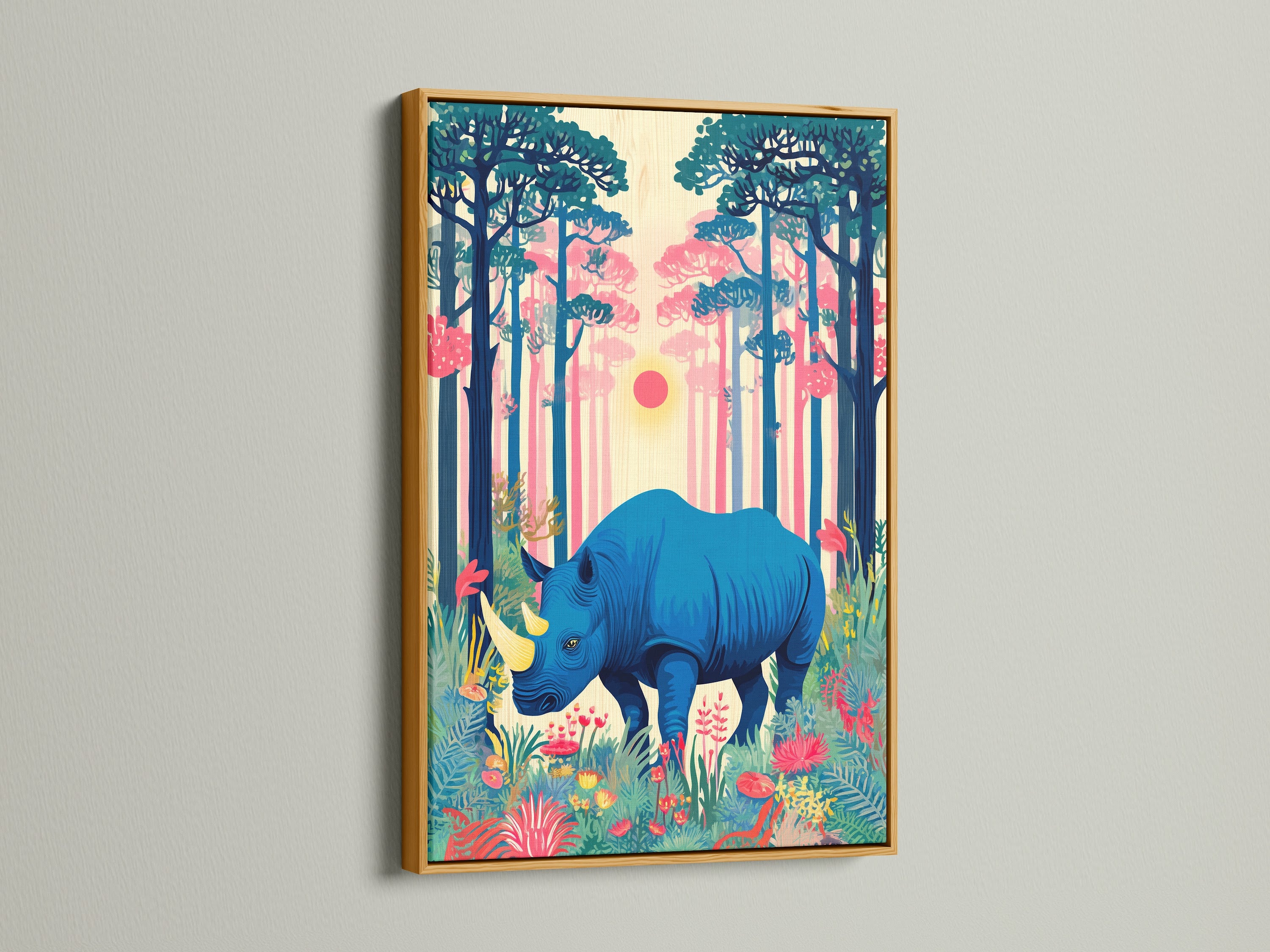 The blue rhino artwork shimmers in a gold frame. This wildlife canvas brings a touch of luxury to your decor. The tropical print gains elegance with the gold frame. Perfect for adding a sophisticated touch to any room. A vibrant art print to adore.