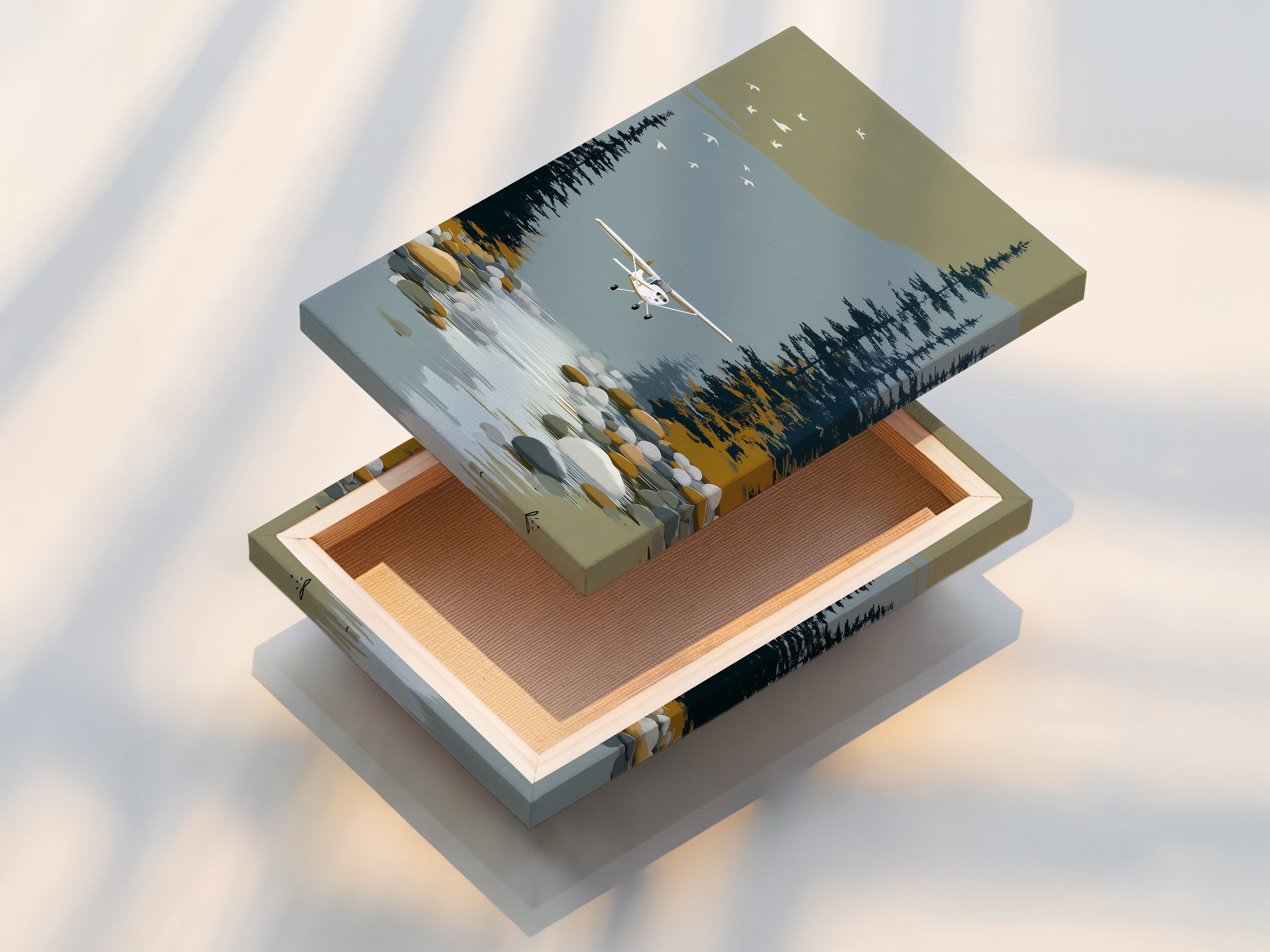 A stretched canvas print showcasing the seaplane artwork. This aviation wall art is ready to hang and enjoy. Perfect for lake house wall decor or cabin decor. Add a touch of vintage charm with our airplane canvas.