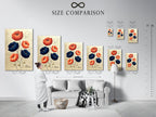 Size comparison chart in an interior setting. See how this floral canvas artwork fits into your space. Navy blue and coral flowers add a modern touch. Perfect for living room bedroom or office wall decor.
