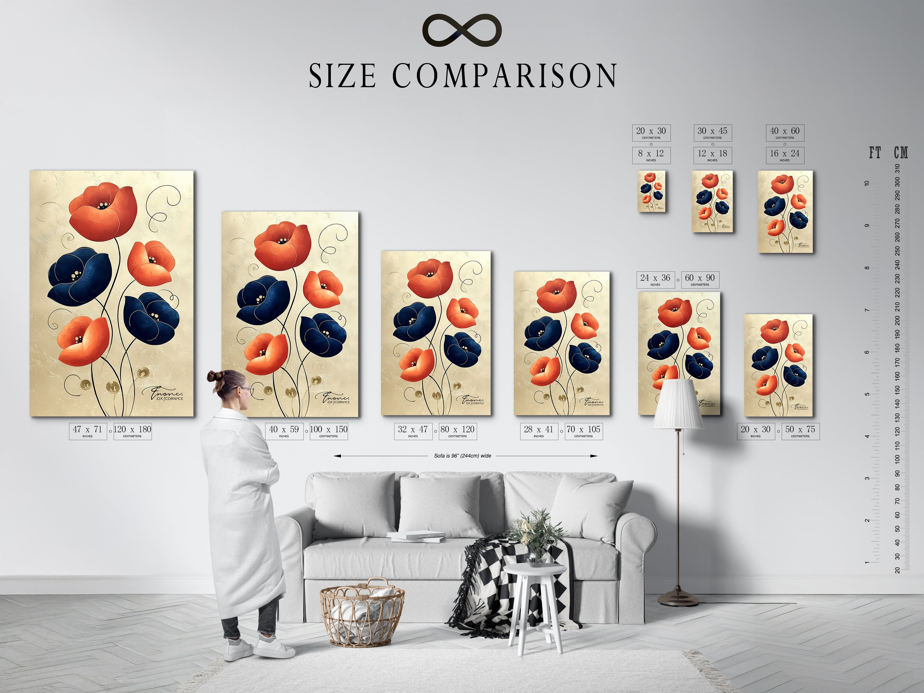 Size comparison chart in an interior setting. See how this floral canvas artwork fits into your space. Navy blue and coral flowers add a modern touch. Perfect for living room bedroom or office wall decor.