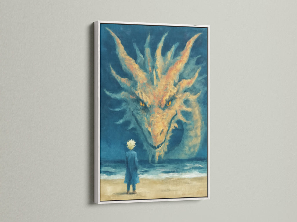 A white frame surrounds this surreal ocean canvas print. The fantasy creature artwork features a dragon. The art adds a calming touch to any room. Perfect for bedroom wall decor or office wall art. The mystical dragon art print enhances any space.