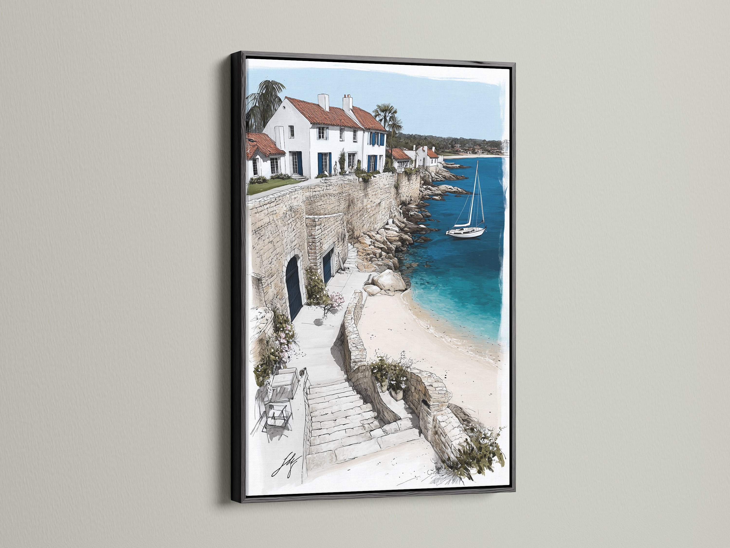 Coastal Village artwork in a black frame. The artwork features a Mediterranean coastline. The black frame adds a modern touch. White buildings overlook the turquoise sea. This artwork brings a sophisticated coastal vibe. It is perfect for living rooms bedrooms and vacation homes.