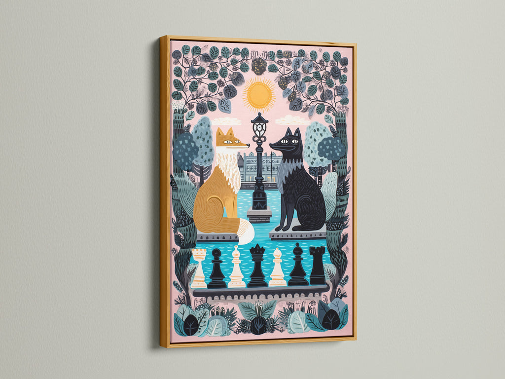 A gold frame highlights the Fox and Wolf Canvas Print. This whimsical art features a chess game theme perfect for a kids room. The pink pastel colors add a soft touch to fable artwork. This animal art print brings a cute contemporary style to nursery wall decor. Enhance your space with this storybook art.