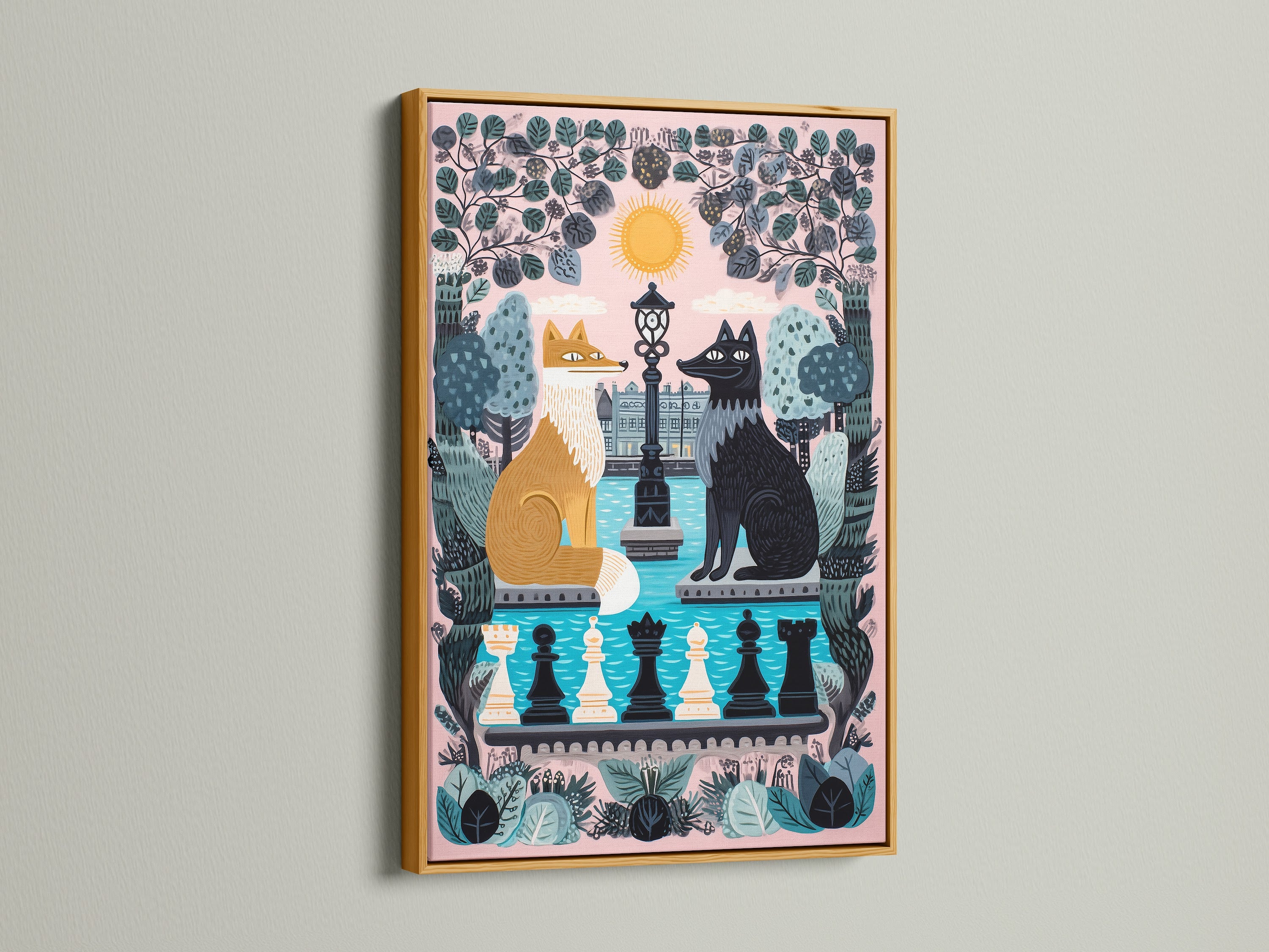 A gold frame highlights the Fox and Wolf Canvas Print. This whimsical art features a chess game theme perfect for a kids room. The pink pastel colors add a soft touch to fable artwork. This animal art print brings a cute contemporary style to nursery wall decor. Enhance your space with this storybook art.
