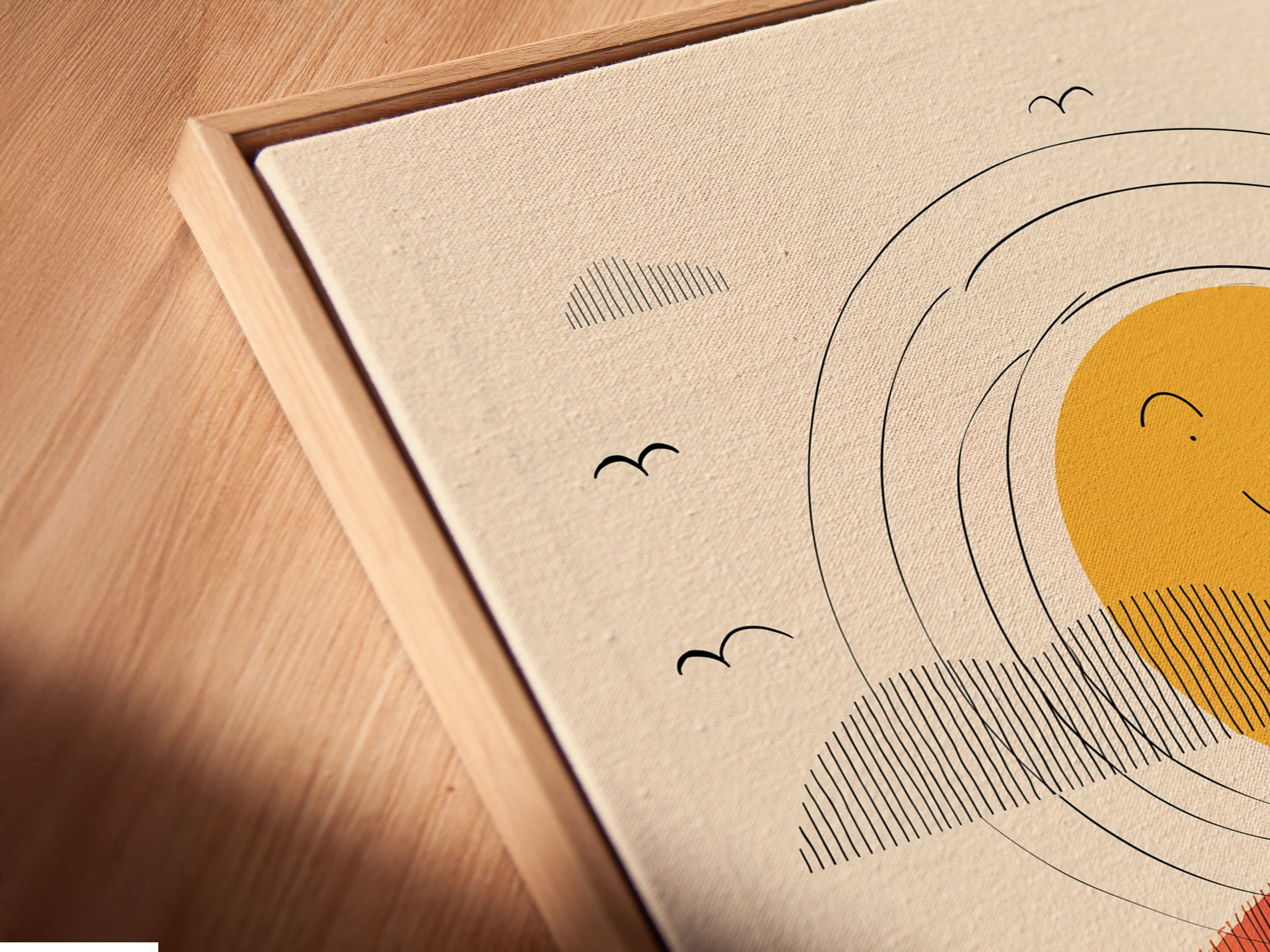 Close-up of Canvas Print in Floating Frame. The angled view highlights the canvas texture. The floating frame enhances the artwork's depth. Perfect for modern wall art displays. The frame does not touch the canvas.