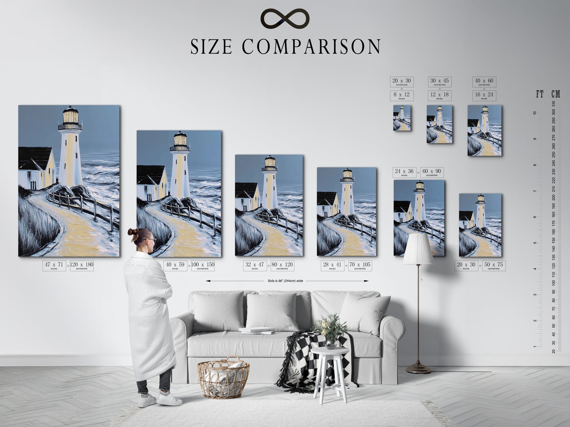 Size comparison chart in an interior setting featuring lighthouse artwork. See how different sizes fit your space. This chart helps you visualize the perfect fit. Enhance your decor with this nautical artwork.