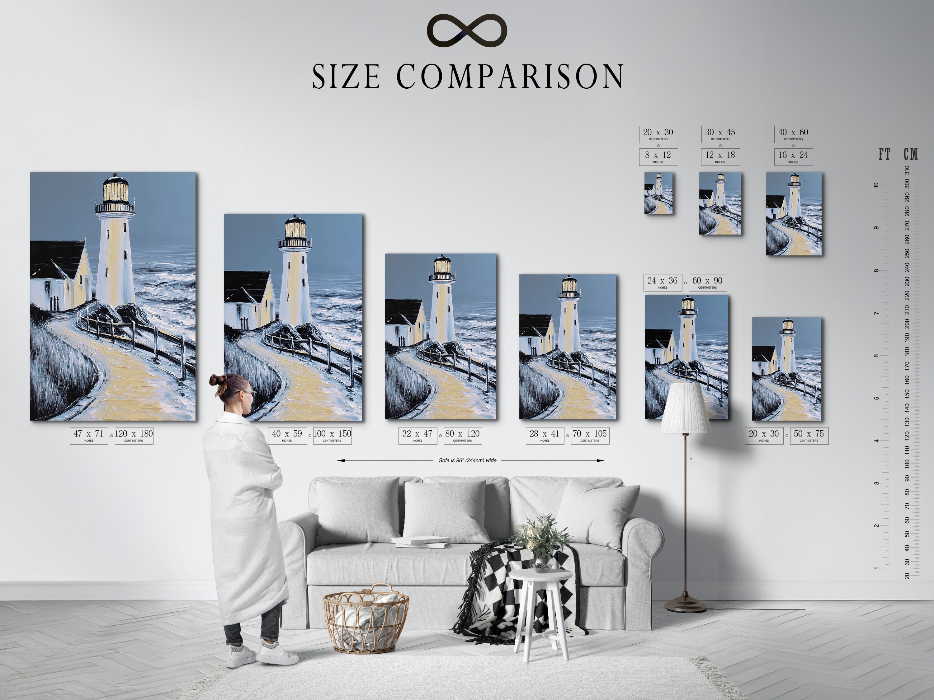 Size comparison chart in an interior setting featuring lighthouse artwork. See how different sizes fit your space. This chart helps you visualize the perfect fit. Enhance your decor with this nautical artwork.
