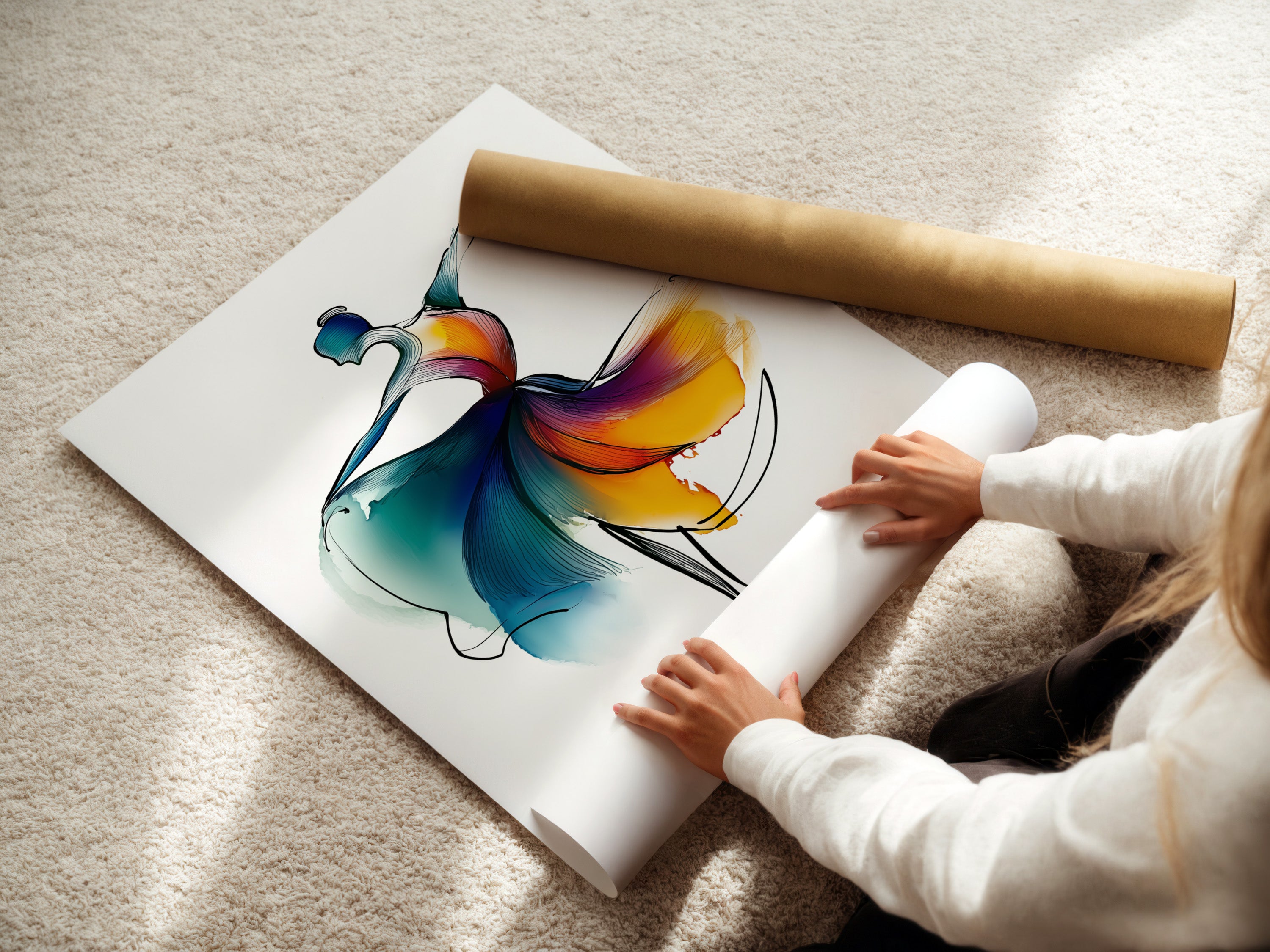 A woman is carefully rolling a fine art poster paper. The ballet dancer artwork is printed with abstract watercolor strokes. The blue and orange hues make it ideal for studio wall art. Perfect for dance teachers and ballet students.