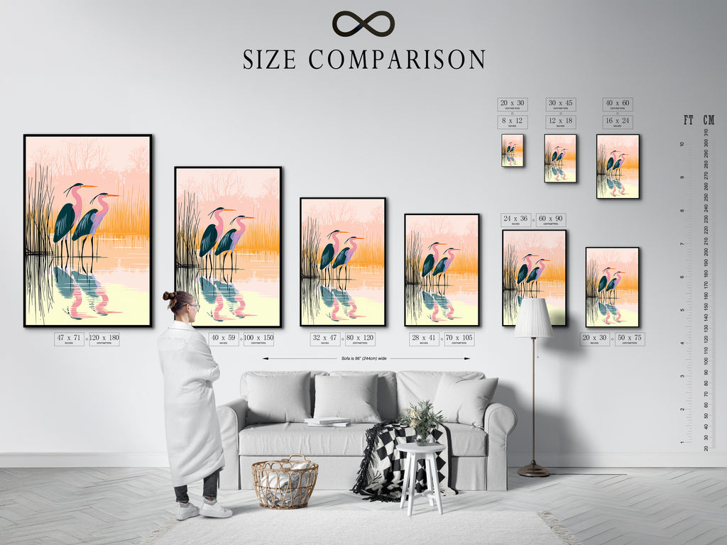 Size comparison chart in an interior setting. Visualize how the heron canvas print fits in your space. See the impact of different sizes of this coastal wall art. Plan your office or home decor with ease.