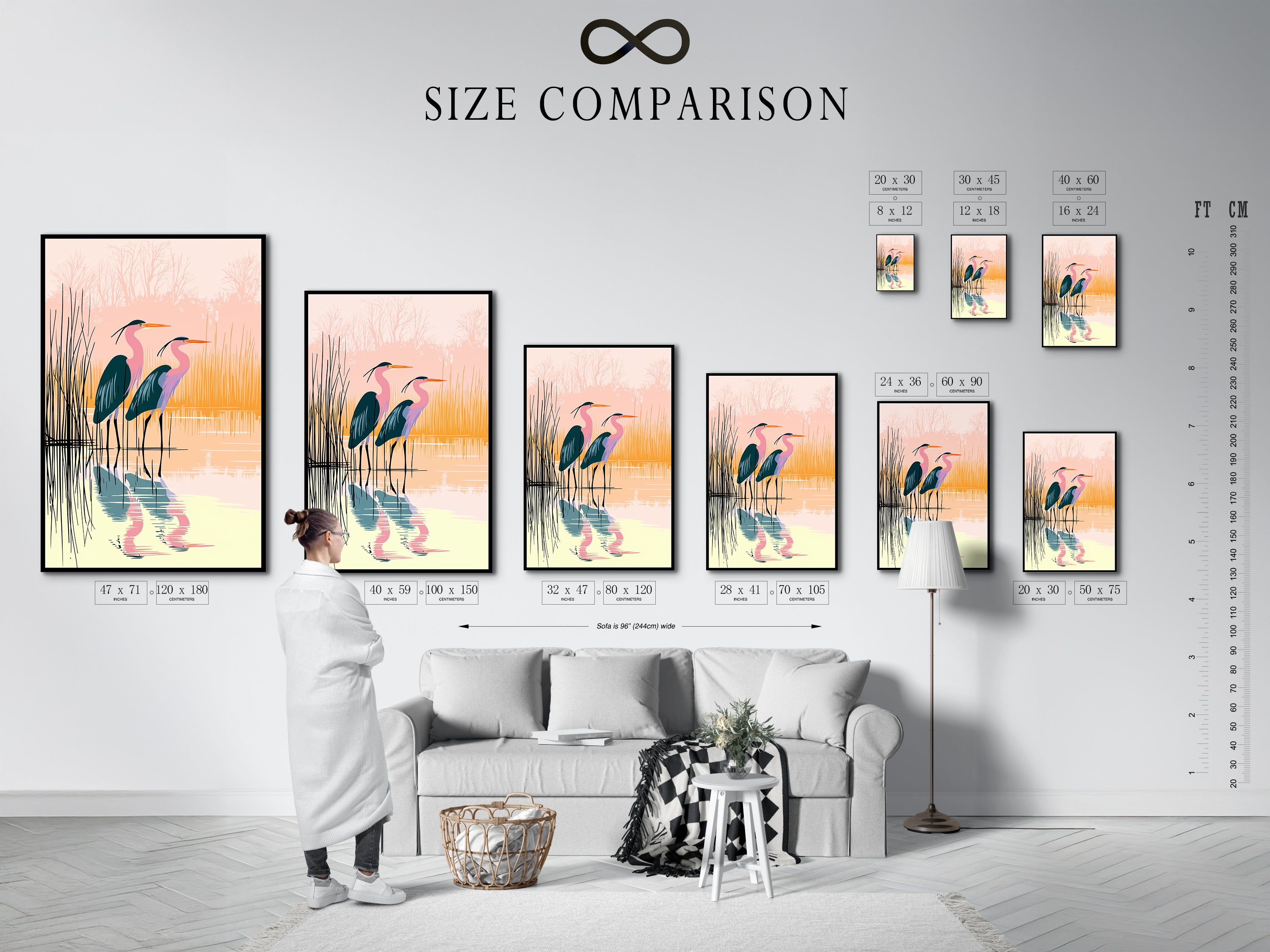 Size comparison chart in an interior setting. Visualize how the heron canvas print fits in your space. See the impact of different sizes of this coastal wall art. Plan your office or home decor with ease.