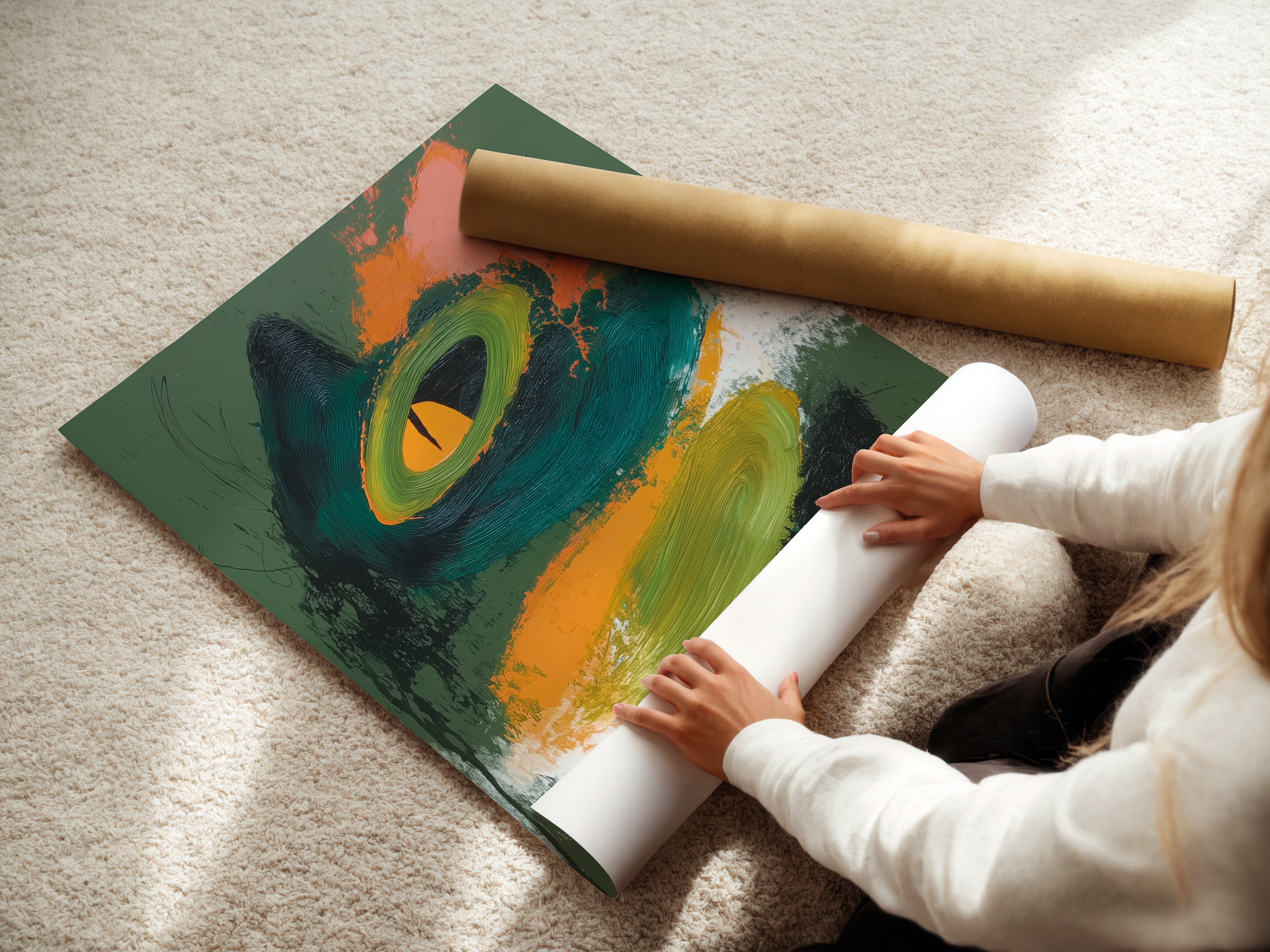 A woman is carefully rolling a fine art poster paper. Ensuring its pristine condition. The poster paper is handled with care. It prepares it for framing or display. Quality and attention to detail are paramount.