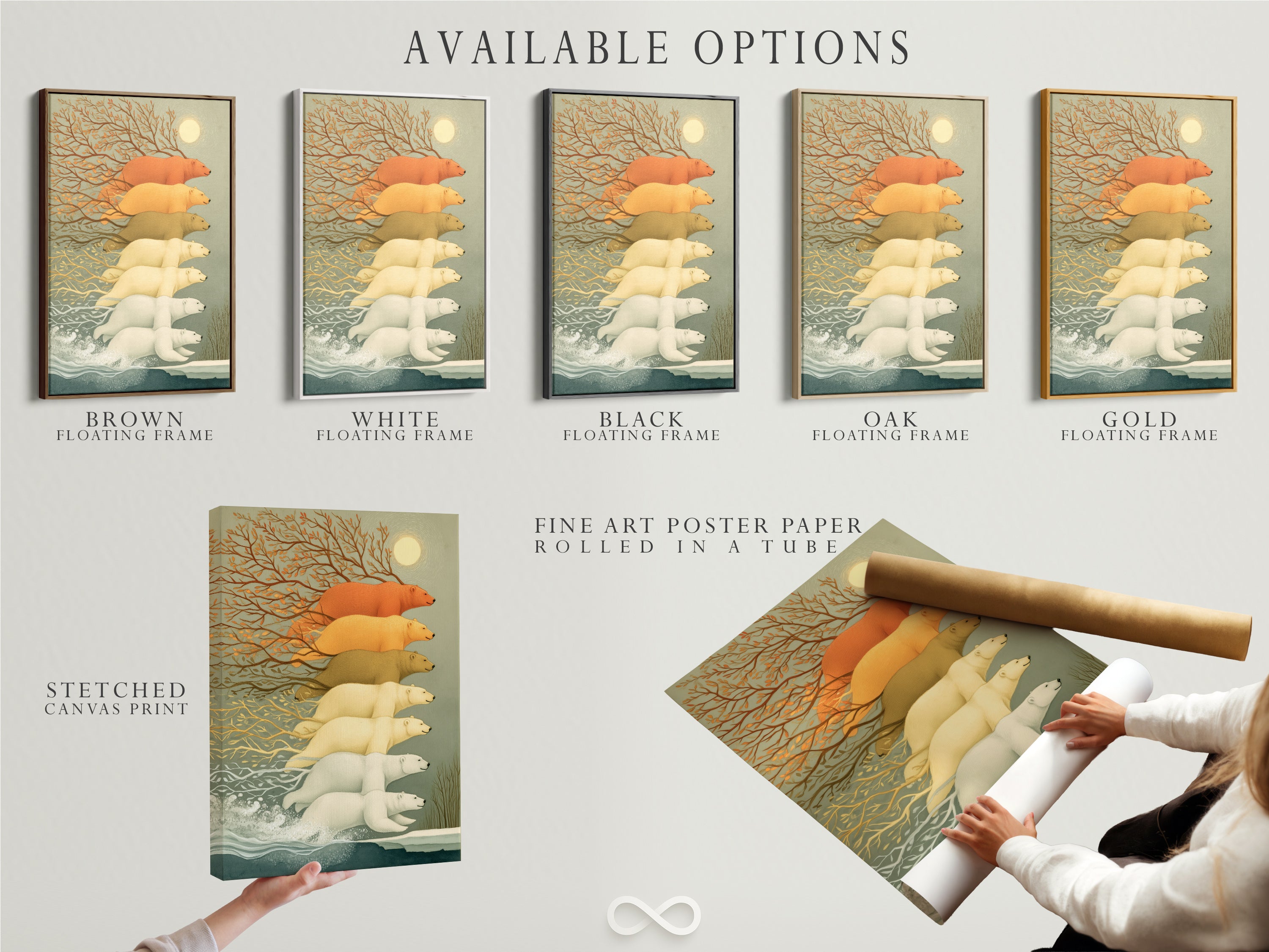 Available options for the polar bear artwork include a stretched canvas print fine art poster paper and floating frame. This arctic wildlife canvas is perfect for a nursery or study room. The beige and gray tones complement contemporary styles. Great wall decor for childcare providers.