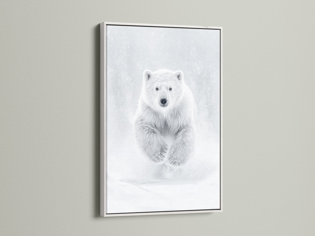 The polar bear artwork is presented in a clean white frame that highlights the minimalist animal photography. The white frame enhances the arctic wildlife art making it suitable for nursery wall decor. It's a perfect white bear print.