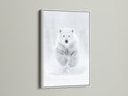 The polar bear artwork is presented in a clean white frame that highlights the minimalist animal photography. The white frame enhances the arctic wildlife art making it suitable for nursery wall decor. It's a perfect white bear print.