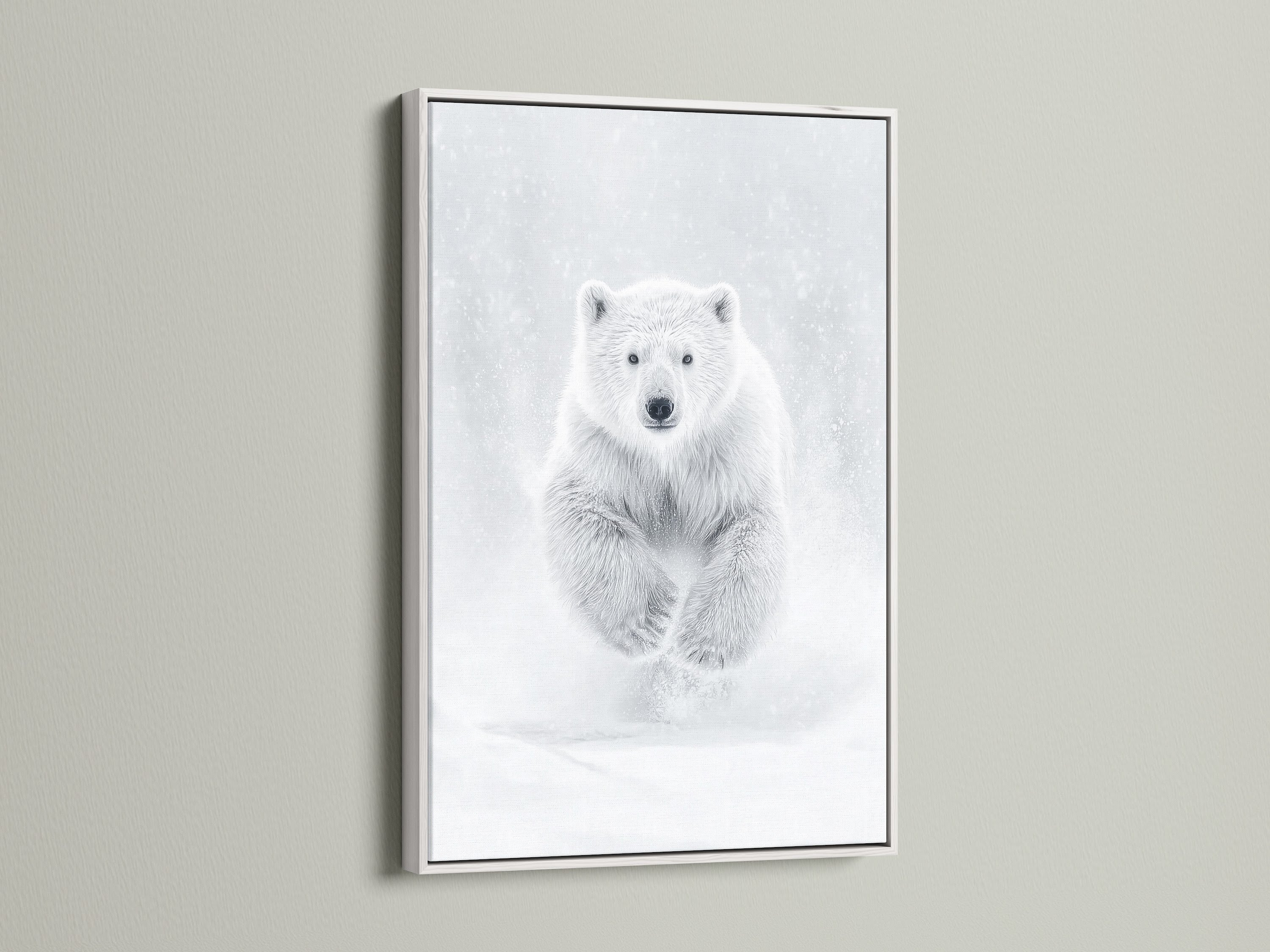 The polar bear artwork is presented in a clean white frame that highlights the minimalist animal photography. The white frame enhances the arctic wildlife art making it suitable for nursery wall decor. It's a perfect white bear print.