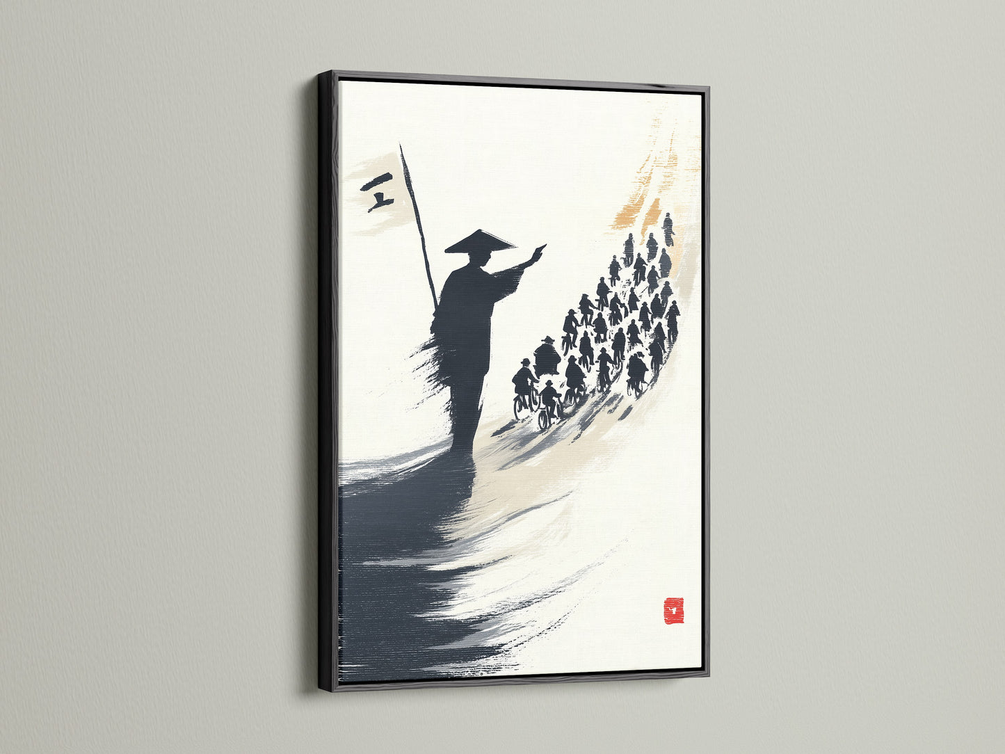 Samurai art is presented in a black frame. This warrior canvas is a striking asian wall art piece. The ink wash painting style adds depth. This piece is perfect for contemporary wall decor. It is ideal for eclectic spaces.