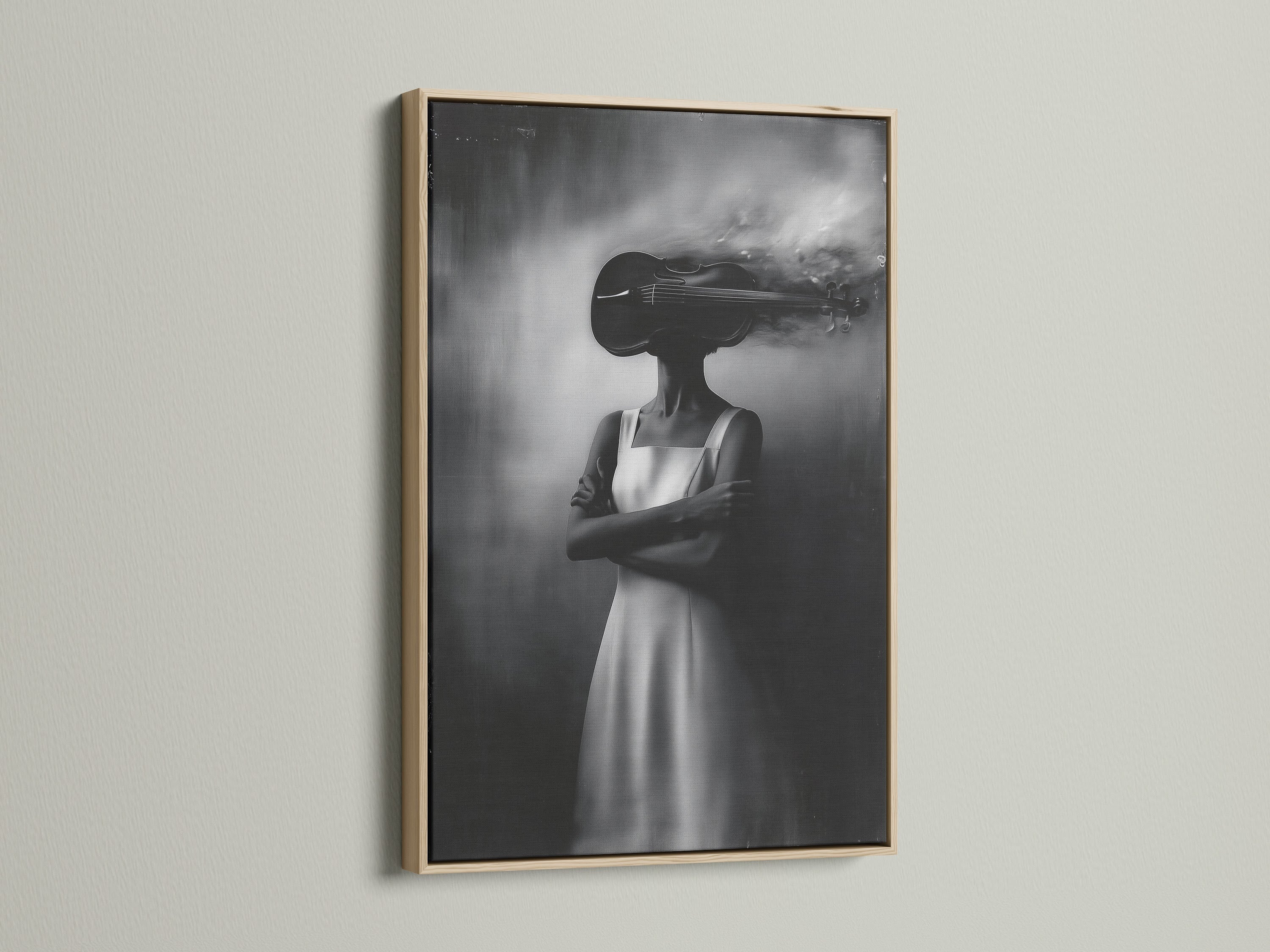 A striking surreal woman artwork is showcased in an oak frame. This black and white photography canvas adds modern style. Perfect as dreamy wall art for bedroom decor. Explore this fine art print now