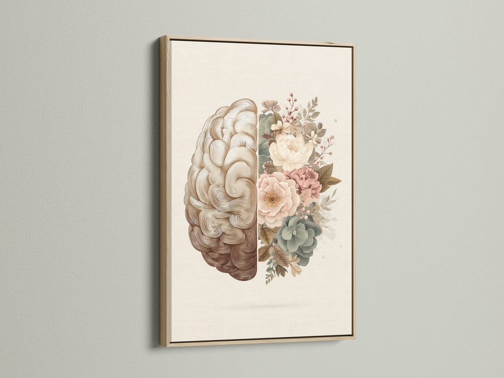 Close-up of a framed floral brain art print. The oak frame enhances the artwork's natural tones. The half brain half flower art print creates a visually appealing contrast. Discover how framed artwork can elevate your home decor with sophistication.