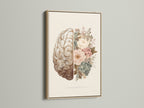 Close-up of a framed floral brain art print. The oak frame enhances the artwork's natural tones. The half brain half flower art print creates a visually appealing contrast. Discover how framed artwork can elevate your home decor with sophistication.