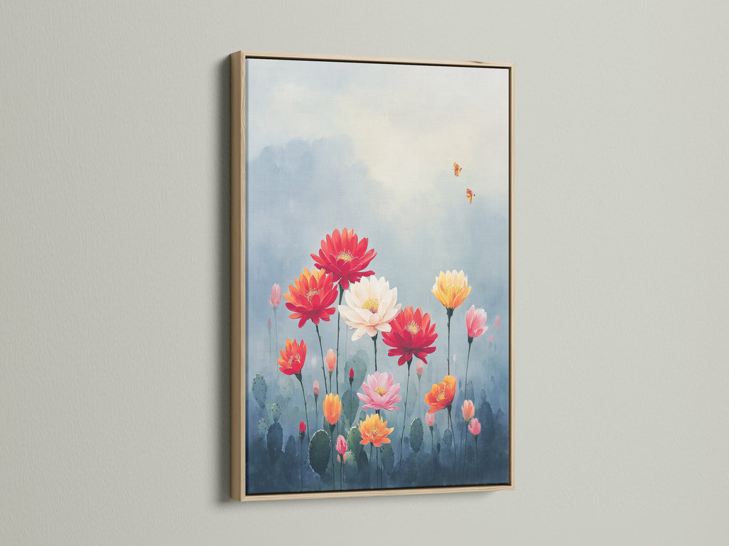 Floral Garden canvas art displayed in an oak frame. This colorful artwork brings botanical elegance to any room. Ideal for living rooms or bedrooms. Discover nature canvas prints today.