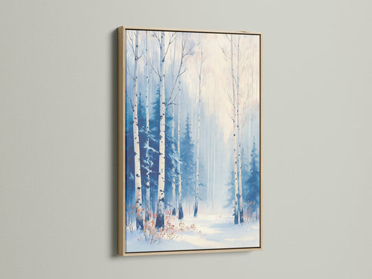 Winter forest art showcased in an oak frame. This birch tree print captures a serene snow landscape. Elevate your home with this scandinavian decor. A perfect nature canvas art piece.