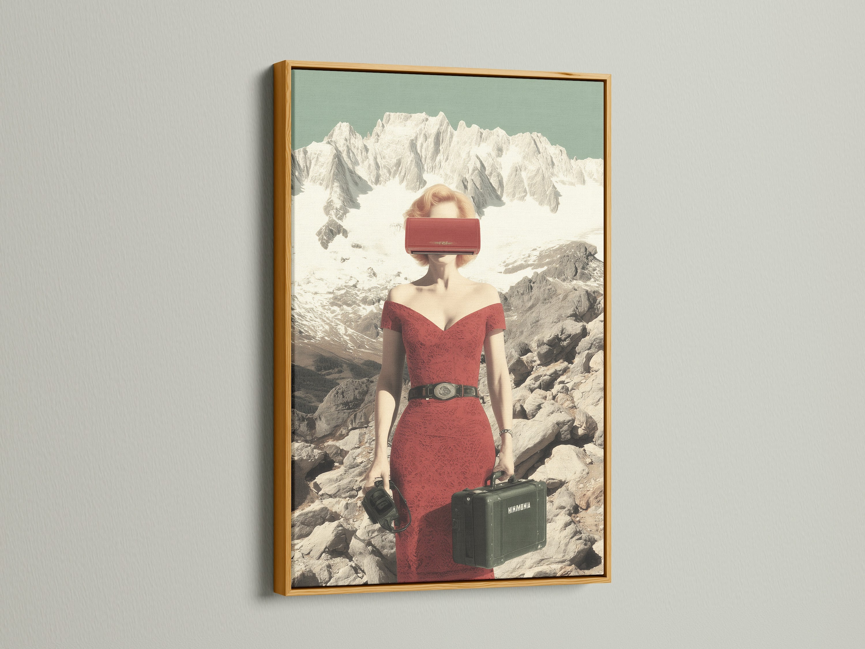 Vintage Travel Poster Print displayed in a gold frame. This surreal wall art showcases a retro fashion woman against a mountain landscape. The canvas art brings an art deco vibe to any room. Enhance your decor with this stylish artwork. A perfect addition to any home or office.