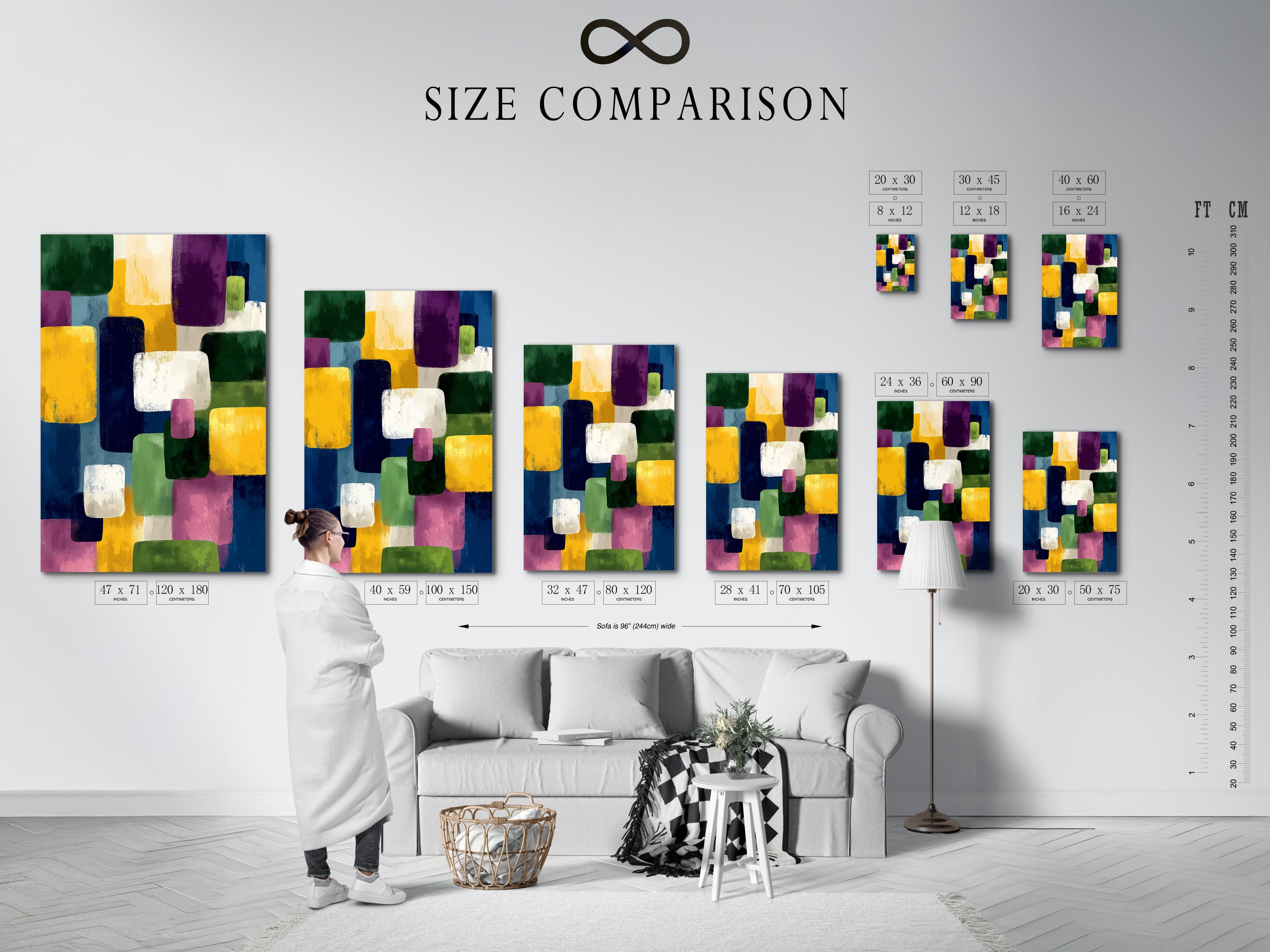 A size comparison chart displayed in an interior setting. The chart features abstract geometric canvas prints. This shows various size options for modern wall art and colorful artwork. Find the perfect fit for your space.
