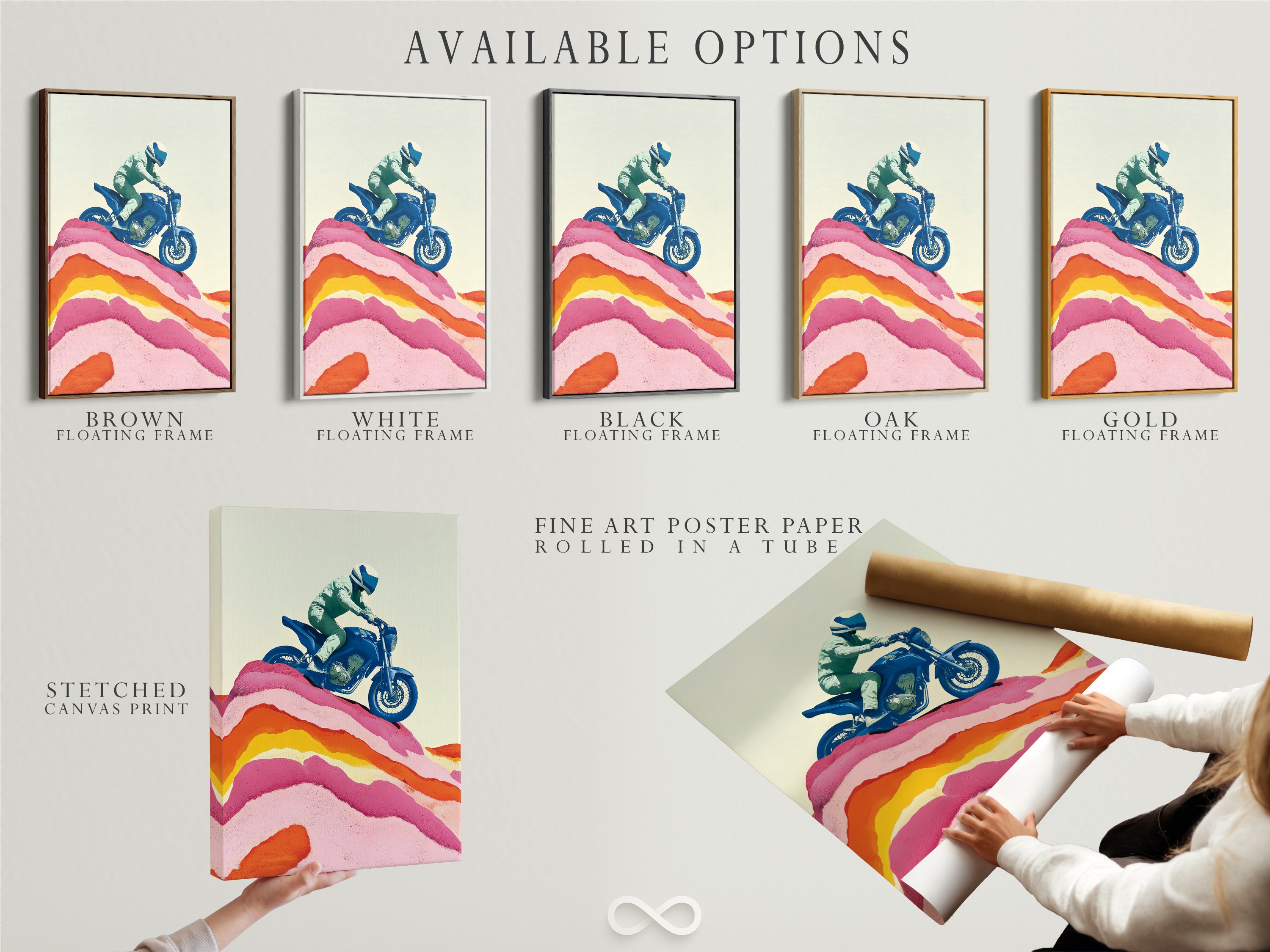 Explore available options for motorcycle art prints. Choose between stretched canvas print fine art poster paper and floating frame. This vintage motorbike art is perfect for man caves and garage decor. Add a retro touch.