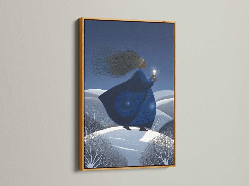 Mystical Woman canvas print in a gold frame. Add surreal art to your walls with this moonlight canvas. Perfect for homeowners and renters. The ethereal figure art with a woman and lantern is stunning. This blue starry night is great for office wall art.
