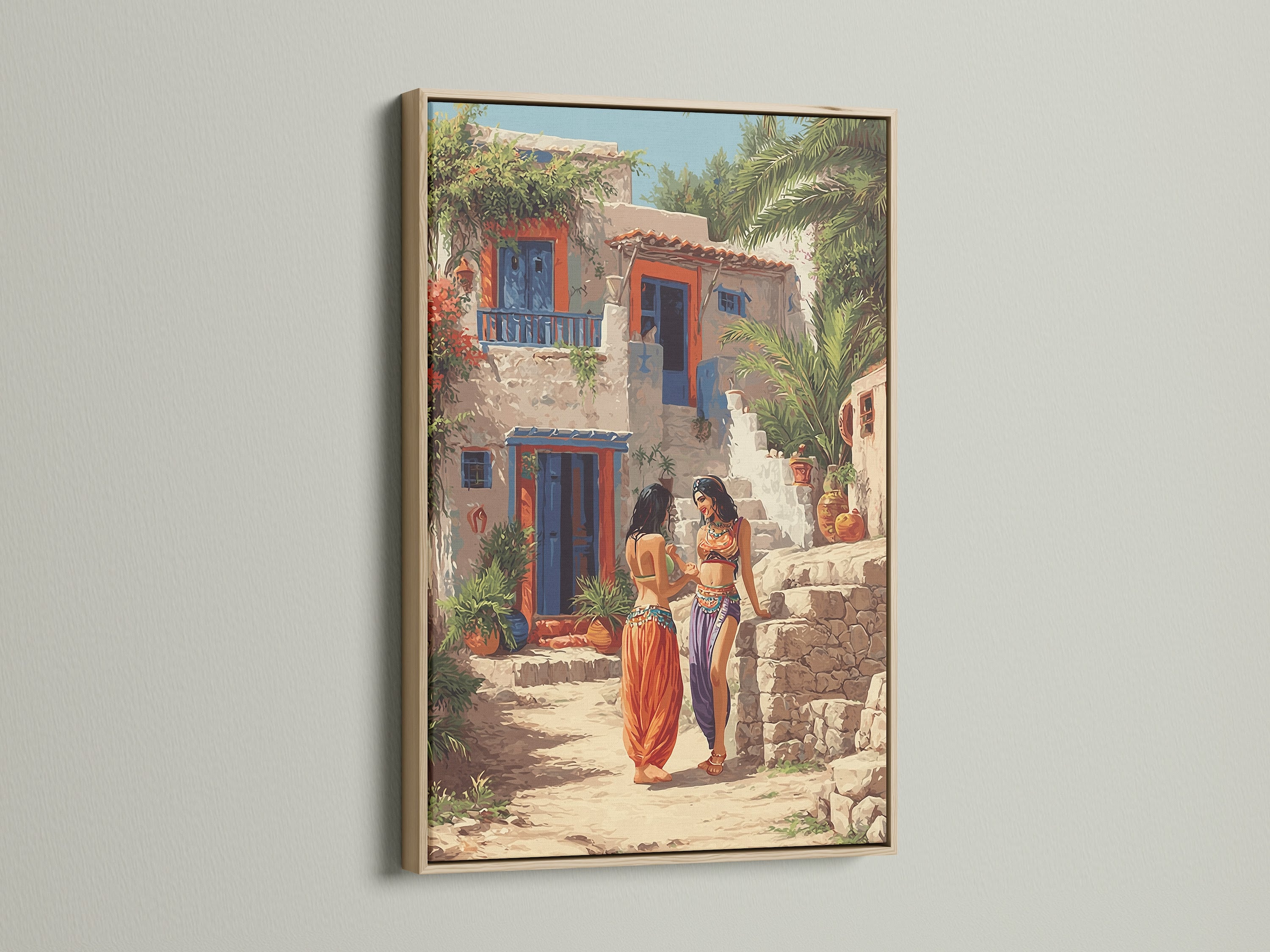 Mediterranean Women artwork in an oak frame. This bohemian art features a women print. This mediterranean decor brings a touch of teal wall art. The orange artwork adds warmth to your home. The boho canvas art is perfect for living room wall art. It is ideal for creating a globally-inspired space.