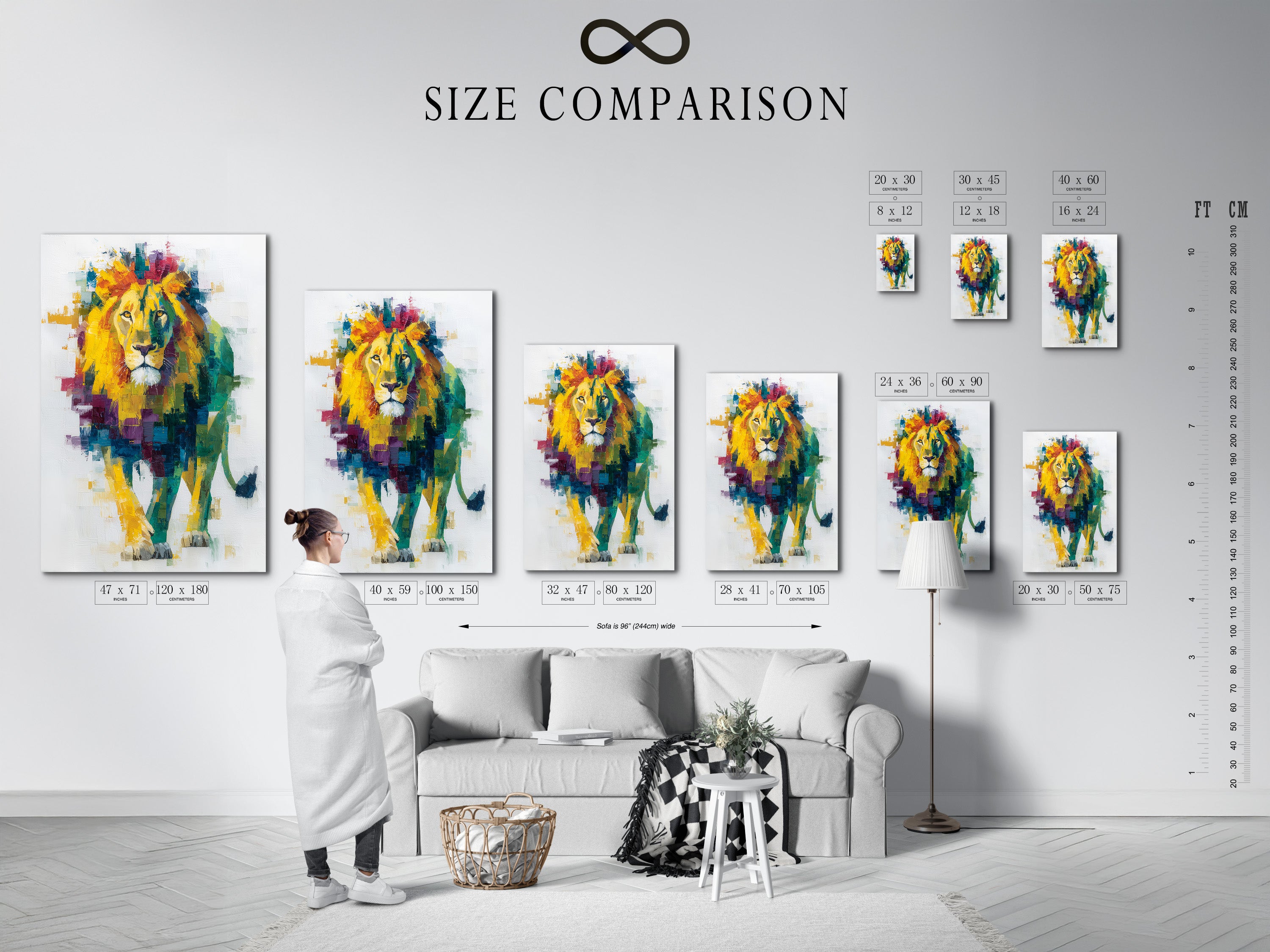 A size comparison chart is displayed in an interior setting. This chart helps you visualize the different sizes of our artwork. Choose the perfect size to fit your space and enhance your decor. Available in stretched canvas poster paper and floating frames.