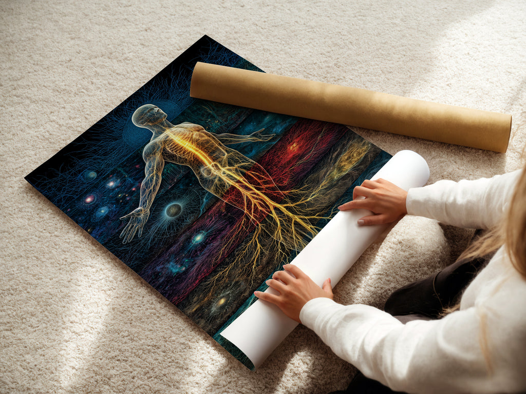 EV-07 depicts a woman carefully rolling a fine art poster paper. The poster paper ensures high-quality reproductions of artwork. This process preserves the integrity of the artwork. It is perfect for creating stunning art prints. Enjoy your artwork on fine art poster paper.