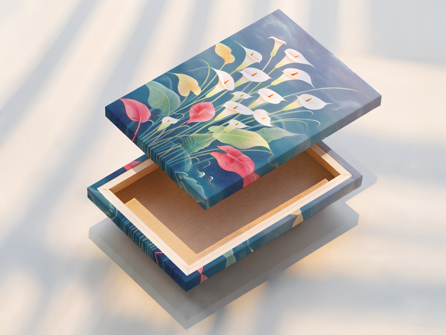 This image showcases a stretched canvas print. The print displays Calla Lily art. This floral artwork is botanical. It is perfect for modern spring home decor. Homeowners and renters will love this floral wall art.