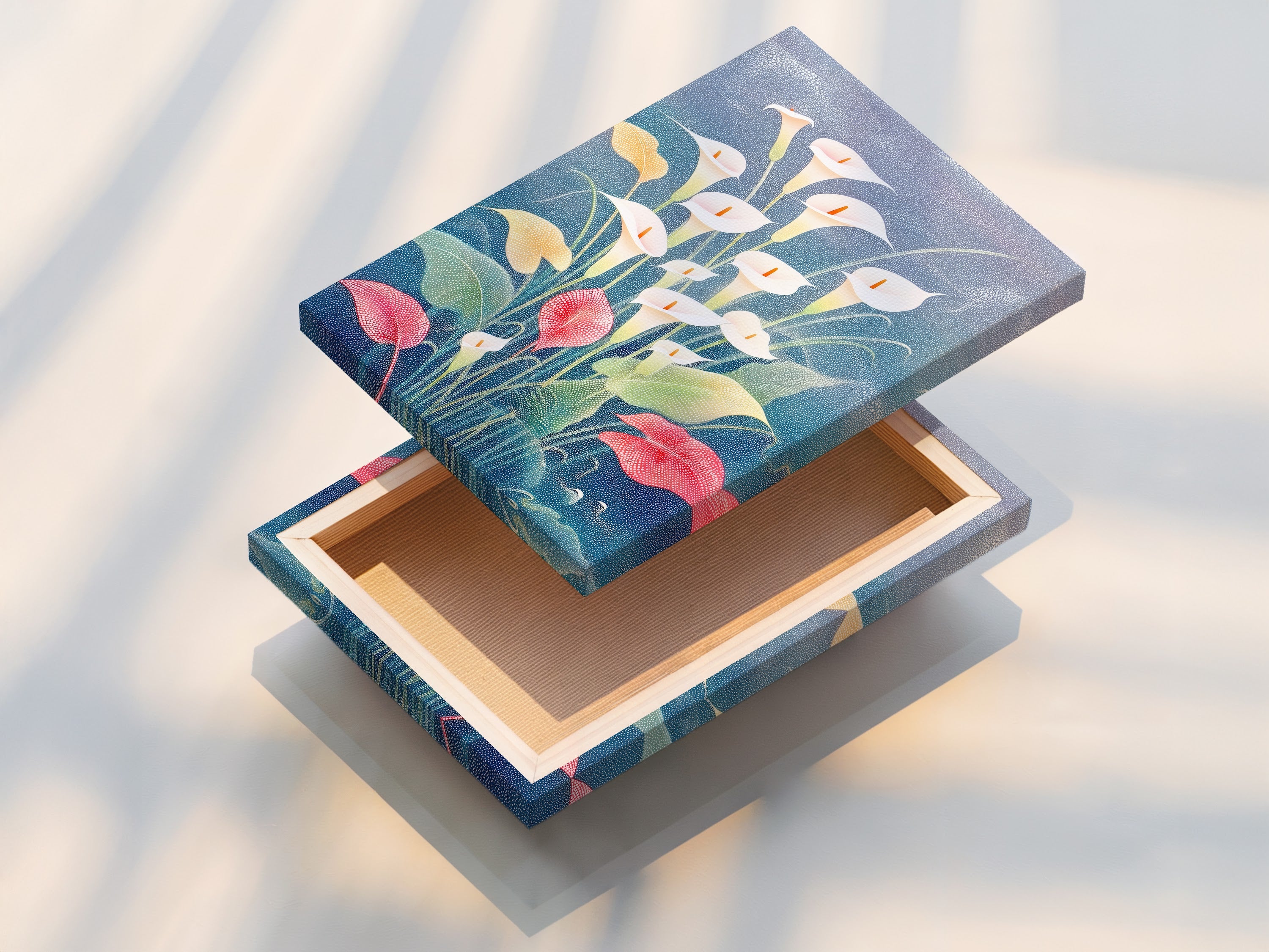 This image showcases a stretched canvas print. The print displays Calla Lily art. This floral artwork is botanical. It is perfect for modern spring home decor. Homeowners and renters will love this floral wall art.