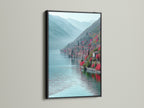 Lake Como Italy canvas artwork with black frame. The black frame accentuates the teal mountain landscape. This Italian coastal wall art is a stunning addition to any room. Perfect for minimalist art lovers. The scenic vista art brings a sense of calm. Consider this for your office wall decor.