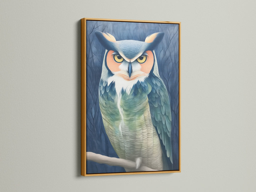 The owl portrait canvas print is presented in a gold frame. This teal and beige animal artwork adds a touch of elegance. Perfect for homeowners and interior designers. Elevate your space with this rustic bird canvas print.