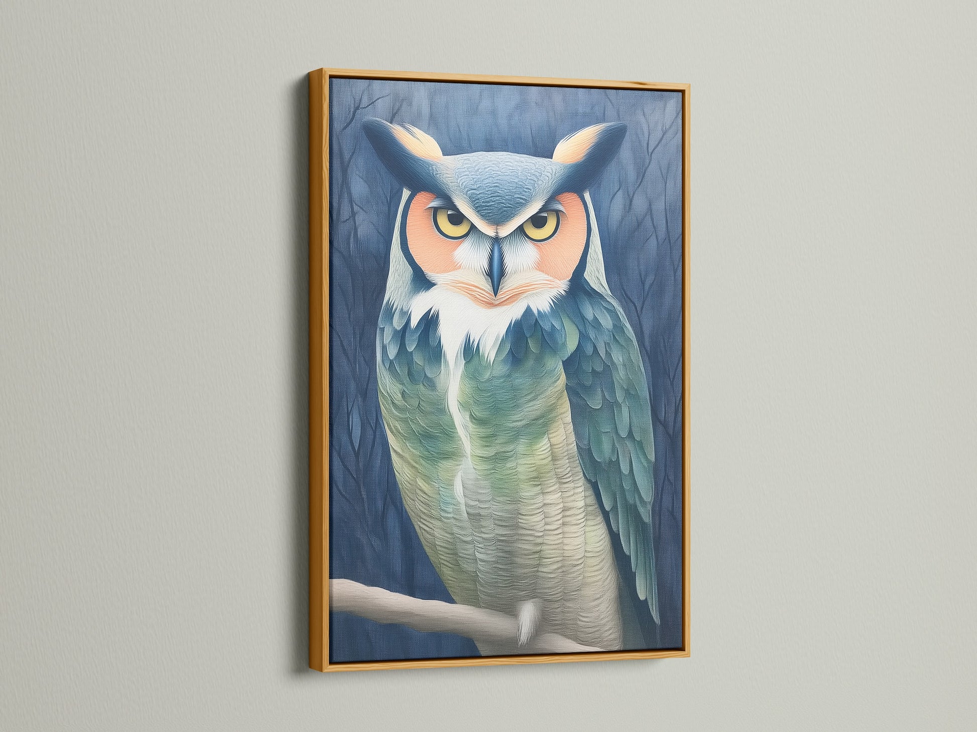 The owl portrait canvas print is presented in a gold frame. This teal and beige animal artwork adds a touch of elegance. Perfect for homeowners and interior designers. Elevate your space with this rustic bird canvas print.