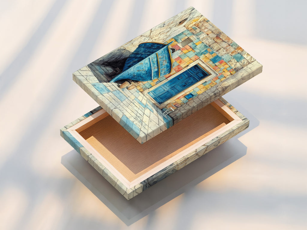 This stretched canvas print displays Coastal Boat artwork. The turquoise blue colors enhance the Mediterranean theme. The nautical decor is ready to hang. It is an ideal piece for a living room or vacation home.