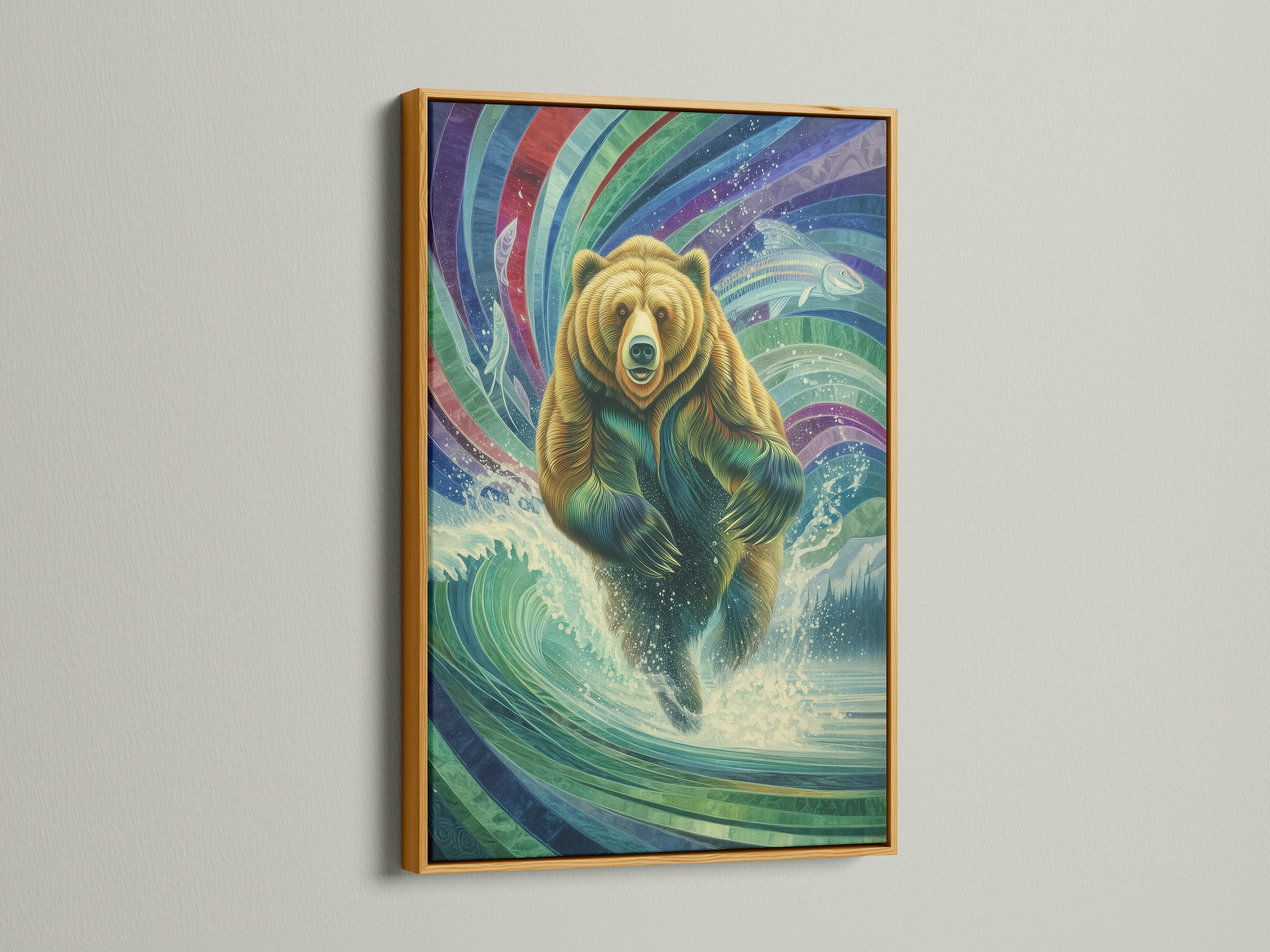 Mystical Grizzly Bear artwork in a gold frame. This fantasy animal art captures a bear emerging from water with surreal elements. This bear artwork is ideal for adding a touch of lodge style to your home. Explore this captivating spirit bear art today.